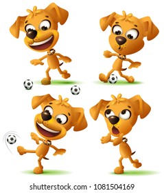 Set yellow funny dog playing soccer ball. Isolated on white vector illustration
