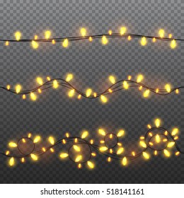 Set of yellow garlands, festive decorations. Glowing christmas lights isolated on transparent background. Vector seamless horizontal objects. 