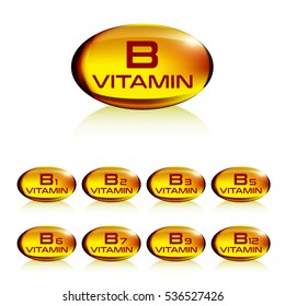 Set Of Yellow Gelatin Capsule Vitamin B, Vector Illustration