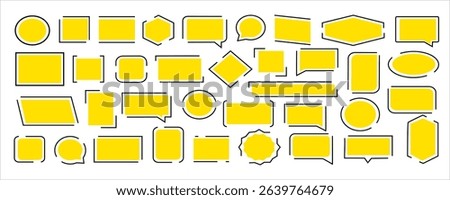 Set of yellow geometric speech bubbles and frames in various shapes. Vector elements for UI, messages, web design, layouts, comics, labels, and text callouts in flat minimal style.