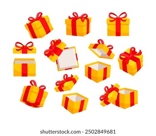 Set of yellow gift boxes decorated with red ribbons, some of them closed, some of them open, isolated on white background