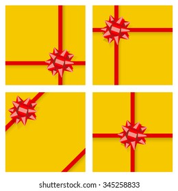 Set of yellow gift boxes, tied with red ribbons and bows, with shadows. Top view. Flat design