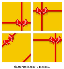 Set of yellow gift boxes, tied with red ribbons and bows, with shadows. Top view. Flat design