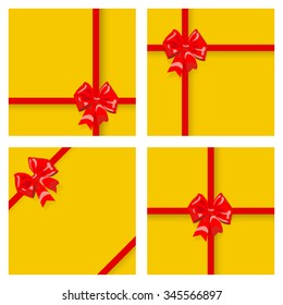 Set of yellow gift boxes, tied with red ribbons and bows, with shadows. Top view. Flat design