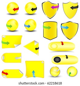 Set of yellow glossy buttons with arrows. Vector illustration