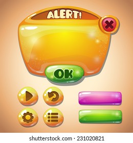 Conjunto de botones y panel de información brillante amarillo, hermosos elementos brillantes para el diseño de su juego