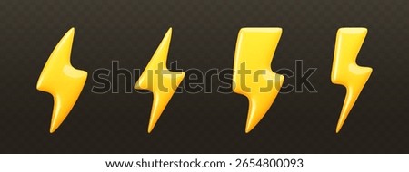 Set of yellow glossy lightning bolt icon in realistic style isolated on black background. Weather icons design for website, mobile app and sale banner. 3d thunder sign. Vector illustration