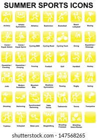 set of yellow glossy square icons with summer sports