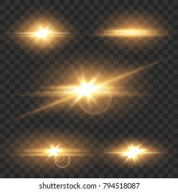 Set yellow glow light lens effect sparkles on transparent background. Vector illustration.
