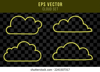 Set of yellow glow neon cloud isolated. Linear contour. Weather. Vector illustration