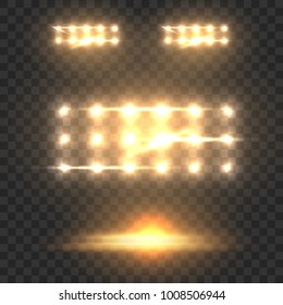 Set yellow glow stadium light lens effect sparkles on transparent background. Vector illustration.