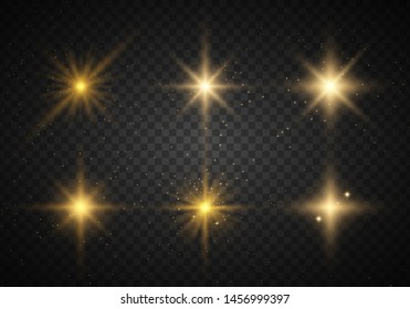 Set of yellow  glowing light explodes on a transparent background Sparkling magical dust particles. Star burst with sparkles. Gold glitter Bright Star. Transparent shining sun, bright flash Vector 