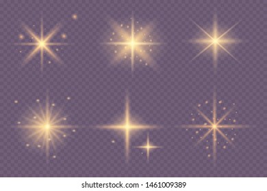 Set of yellow glowing light explodes on a transparent background Sparkling magical dust particles. Star burst with sparkles. Gold glitter Bright Star. Transparent shining sun, bright flash Vector