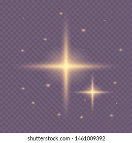 Set of yellow glowing light explodes on a transparent background Sparkling magical dust particles. Star burst with sparkles. Gold glitter Bright Star. Transparent shining sun, bright flash Vector