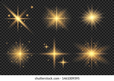 Set of yellow glowing light explodes on a transparent background Sparkling magical dust particles. Star burst with sparkles. Gold glitter Bright Star. Transparent shining sun, bright flash Vector