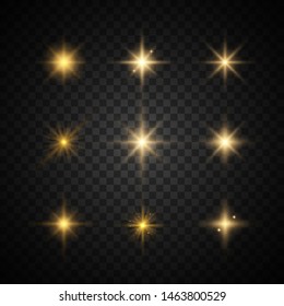 Set of yellow  glowing light explodes on a transparent background Sparkling magical dust particles. Star burst with sparkles. Gold glitter Bright Star. Transparent shining sun, bright flash Vector 