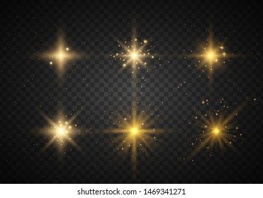 Set of yellow  glowing light explodes on a transparent background Sparkling magical dust particles. Star burst with sparkles. Gold glitter Bright Star. Transparent shining sun, bright flash Vector 