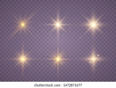 Set of yellow  glowing light explodes on a transparent background Sparkling magical dust particles. Star burst with sparkles. Gold glitter Bright Star. Transparent shining sun, bright flash Vector 