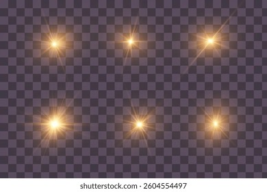 Set of yellow glowing light explodes on a transparent background Sparkling magical dust particles. Star burst with sparkles. Gold glitter Bright Star. Transparent shining sun, bright flash Vector