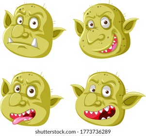 Set of yellow goblin or troll face in different expressions in cartoon style isolated illustration