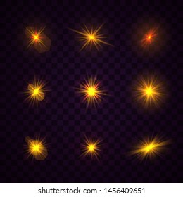 Set of yellow gold glowing light explodes on a transparent background. Sparkling magical dust particles. Bright Star Transparent shining sun, bright flash. Burst with dust and sparkle isolated. Vector