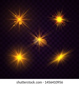 Set of yellow gold glowing light explodes on a transparent background. Sparkling magical dust particles. Bright Star Transparent shining sun, bright flash. Burst with dust and sparkle isolated. Vector