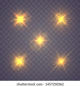 Set of yellow gold glowing light explodes on a transparent background. Sparkling magical dust particles. Bright Star Transparent shining sun, bright flash. Burst with dust and sparkle isolated. Vector