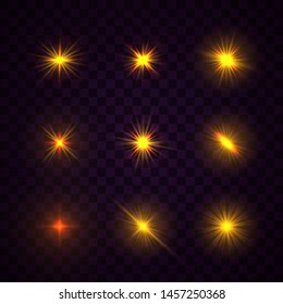 Set of yellow gold glowing light explodes on a transparent background. Sparkling magical dust particles. Bright Star Transparent shining sun, bright flash. Burst with dust and sparkle isolated. Vector