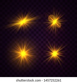 Set of yellow gold glowing light explodes on a transparent background. Sparkling magical dust particles. Bright Star Transparent shining sun, bright flash. Burst with dust and sparkle isolated. Vector