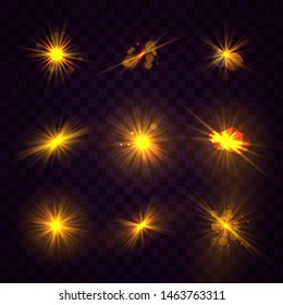 Set of yellow gold glowing light explodes on a transparent background. Sparkling magical dust particles. Bright Star Transparent shining sun, bright flash. Burst with dust and sparkle isolated. Vector