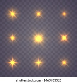 Set of yellow gold glowing light explodes on a transparent background. Sparkling magical dust particles. Bright Star Transparent shining sun, bright flash. Burst with dust and sparkle isolated. Vector