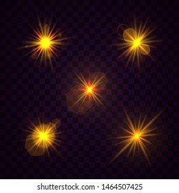Set of yellow gold glowing light explodes on a transparent background. Sparkling magical dust particles. Bright Star Transparent shining sun, bright flash. Burst with dust and sparkle isolated. Vector