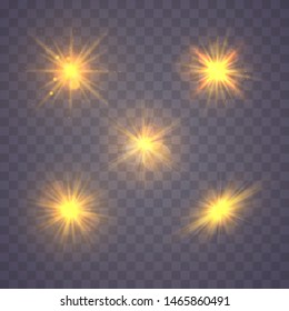 Set of yellow gold glowing light explodes on a transparent background. Sparkling magical dust particles. Bright Star Transparent shining sun, bright flash. Burst with dust and sparkle isolated. Vector