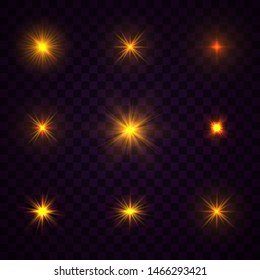 Set of yellow gold glowing light explodes on a transparent background. Sparkling magical dust particles. Bright Star Transparent shining sun, bright flash. Burst with dust and sparkle isolated. Vector