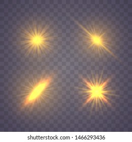 Set of yellow gold glowing light explodes on a transparent background. Sparkling magical dust particles. Bright Star Transparent shining sun, bright flash. Burst with dust and sparkle isolated. Vector