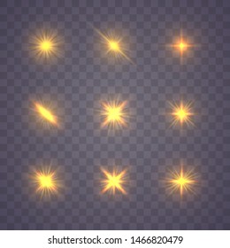 Set of yellow gold glowing light explodes on a transparent background. Sparkling magical dust particles. Bright Star Transparent shining sun, bright flash. Burst with dust and sparkle isolated. Vector