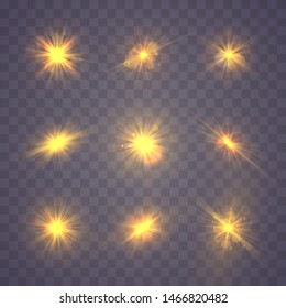 Set of yellow gold glowing light explodes on a transparent background. Sparkling magical dust particles. Bright Star Transparent shining sun, bright flash. Burst with dust and sparkle isolated. Vector