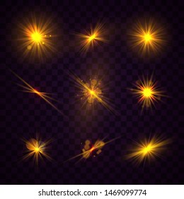 Set of yellow gold glowing light explodes on a transparent background. Sparkling magical dust particles. Bright Star Transparent shining sun, bright flash. Burst with dust and sparkle isolated. Vector