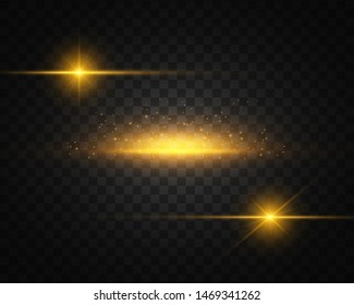 Set of Yellow, gold glowing light explodes on a transparent background. Sparkling magical dust particles. Bright Star. Transparent shining sun, bright flash. Vector sparkles. Light effect 