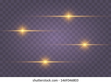 Set of Yellow, gold glowing light explodes on a transparent background. Sparkling magical dust particles. Bright Star. Transparent shining sun, bright flash. Vector sparkles. Light effect 