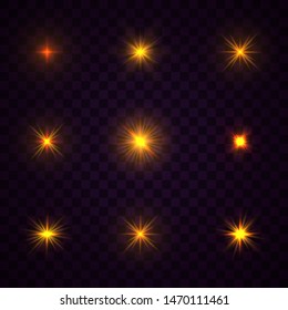 Set of yellow gold glowing light explodes on a transparent background. Sparkling magical dust particles. Bright Star Transparent shining sun, bright flash. Burst with dust and sparkle isolated. Vector