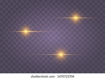 Set of Yellow, gold glowing light explodes on a transparent background. Sparkling magical dust particles. Bright Star. Transparent shining sun, bright flash. Vector sparkles. Light effect 