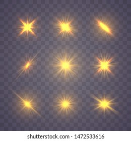 Set of yellow gold glowing light explodes on a transparent background. Sparkling magical dust particles. Bright Star Transparent shining sun, bright flash. Burst with dust and sparkle isolated. Vector