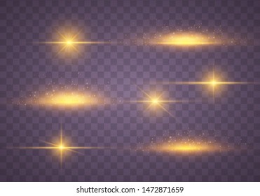 Set of Yellow, gold glowing light explodes on a transparent background. Sparkling magical dust particles. Bright Star. Transparent shining sun, bright flash. Vector sparkles. Light effect 