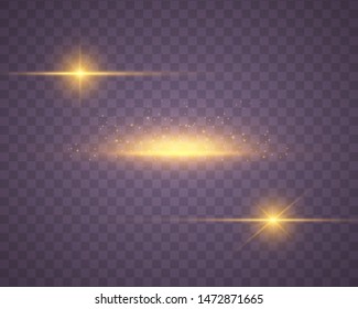 Set of Yellow, gold glowing light explodes on a transparent background. Sparkling magical dust particles. Bright Star. Transparent shining sun, bright flash. Vector sparkles. Light effect 