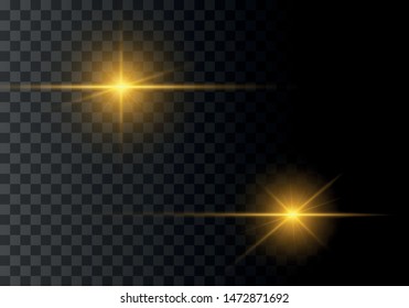 Set of Yellow, gold glowing light explodes on a transparent background. Sparkling magical dust particles. Bright Star. Transparent shining sun, bright flash. Vector sparkles. Light effect 