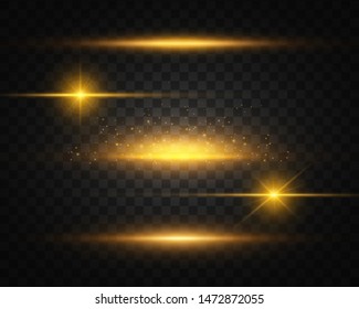 Set of Yellow, gold glowing light explodes on a transparent background. Sparkling magical dust particles. Bright Star. Transparent shining sun, bright flash. Vector sparkles. Light effect 