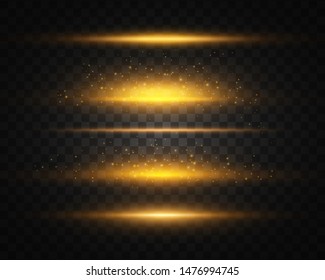 Set of Yellow, gold glowing light explodes on a transparent background. Sparkling magical dust particles. Bright Star. Transparent shining sun, bright flash. Vector sparkles. Light effect 