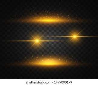 Set of Yellow, gold glowing light explodes on a transparent background. Sparkling magical dust particles. Bright Star. Transparent shining sun, bright flash. Vector sparkles. Light effect 