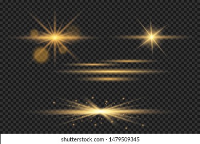Set of Yellow, gold glowing light explodes on a transparent background. Sparkling magical dust particles. Bright Star. Transparent shining sun, bright flash. Vector sparkles. Light effect 
